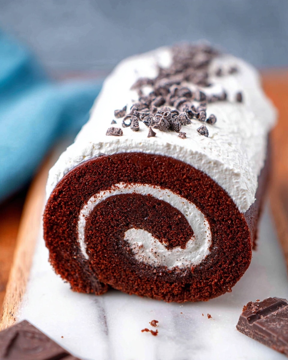 A close-up view of a chocolate roll cake with two main visible layers: a dark brown, rich chocolate cake layer rolled around a smooth, thick, darker chocolate filling layer inside, creating a spiral pattern; the outside of the roll is covered with a thick layer of white whipped cream topped with small dark chocolate chunks scattered evenly on top; the cake is placed on a white marbled surface with some chocolate pieces around and a hint of a blue cloth on the left side; photo taken with an iphone --ar 4:5 --v 7