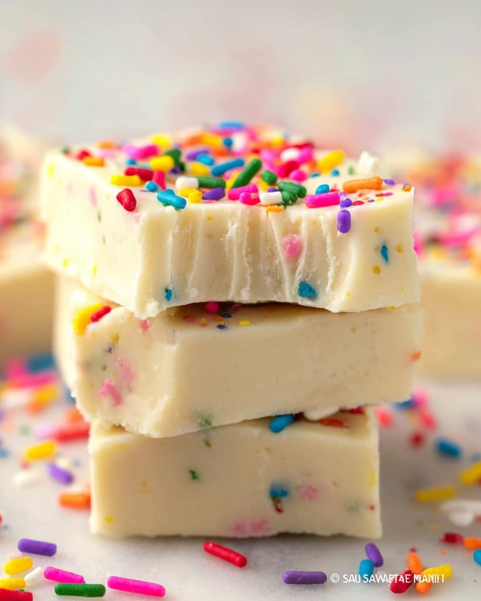 The image shows a close-up of three thick, square layers of creamy white fudge stacked on top of each other, sprinkled lightly with colorful rainbow sprinkles scattered across the fudge and the white marbled surface beneath. The top fudge piece has a bite taken out of its top right corner, revealing a smooth, dense texture with small blue and pink specks embedded inside. The sprinkles on top are small, cylindrical, and bright in colors like red, yellow, green, blue, orange, pink, white, and purple. The background and surface are styled with a clean white marbled texture that highlights the soft, creamy tone of the fudge, creating a cheerful and inviting visual. photo taken with an iphone --ar 4:5 --v 7