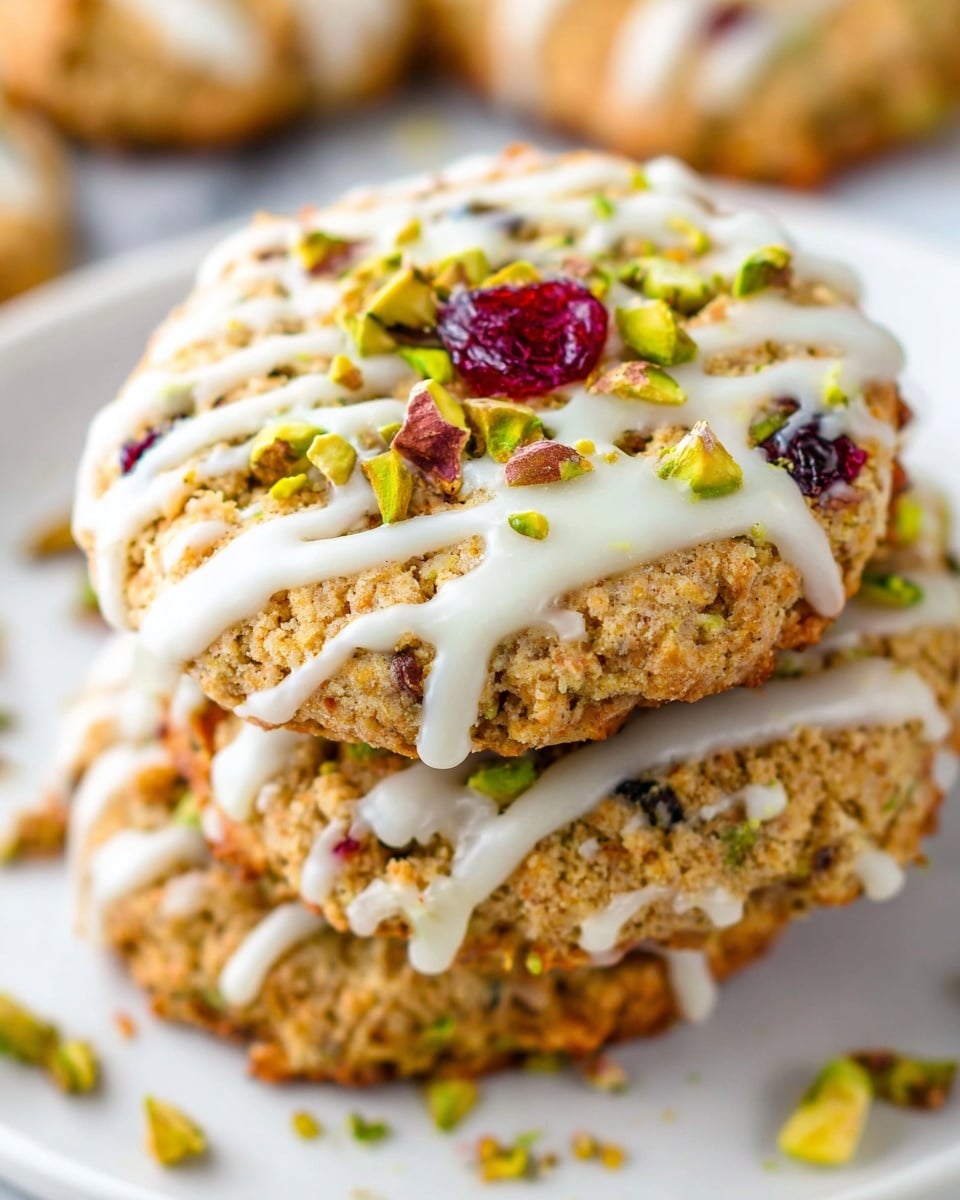 A close-up view of a stack of three cookies on a white marbled surface. The bottom cookie is whole, light golden brown with visible dark chocolate chips and nuts, drizzled with white icing and sprinkled with small green pistachio pieces. Above it, a second cookie, also whole and matching in texture and color, sits with similar white icing and pistachio bits. The top layer shows a cookie broken in half, revealing a soft, crumbly inside with a mix of light brown and darker spots from chocolate and nuts, topped with a little icing and scattered pistachios. The focus is sharp on the cookie stack with a simple white background. photo taken with an iphone --ar 4:5 --v 7