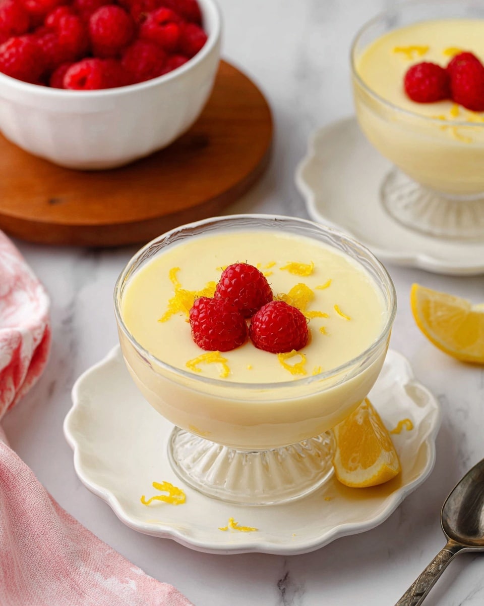 The image shows a clear glass dessert cup filled with a smooth, pale yellow lemon pudding, placed on a white, scalloped plate. On top of the pudding, there are three bright red raspberries positioned near the edge, and small bits of yellow lemon zest scattered across the surface. A small lemon wedge is placed on the plate beside the cup. In the background, there is a white bowl filled with more raspberries on a wooden board, a second dessert in a similar cup with a raspberry on top, and a silver spoon resting on the white marble textured table. A pink and white cloth is partially visible on the left side. Photo taken with an iphone --ar 4:5 --v 7