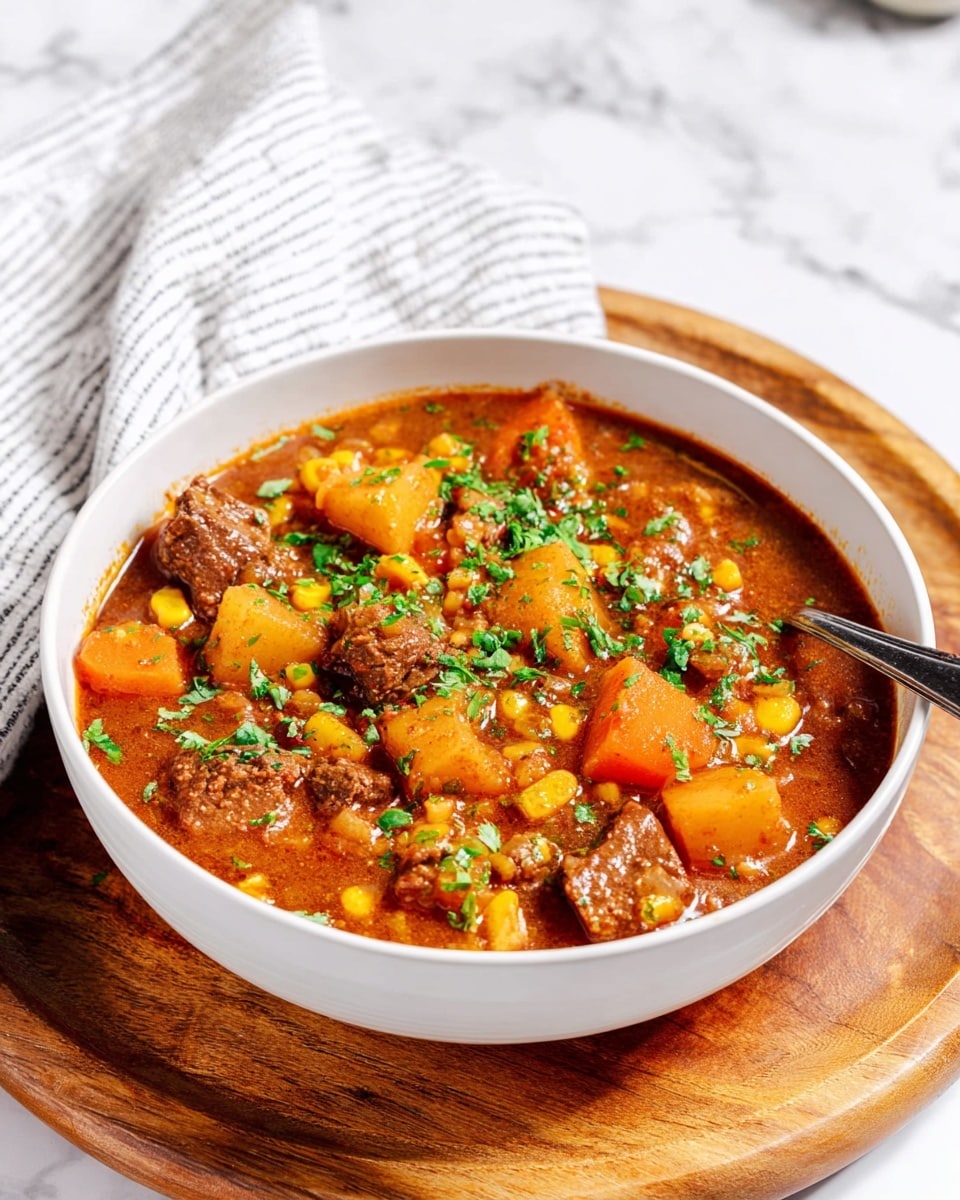 A white bowl filled with a thick stew placed on a round wooden board over a white marbled surface; the stew has layers of large orange chunks of carrot and yellow pieces of corn mixed with brown beef cubes in a rich reddish-brown broth, sprinkled with fresh green chopped herbs on top, and a silver spoon on the right side inside the bowl near the edge; a white cloth with black stripes is casually placed in the background, slightly out of focus. photo taken with an iphone --ar 4:5 --v 7