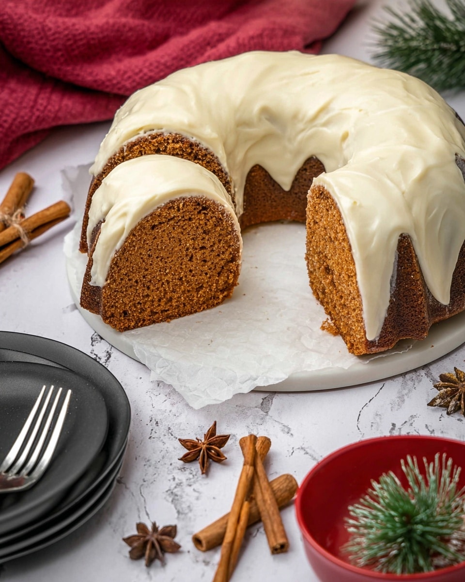 A round bundt cake with a thick, smooth, white frosting layer spread evenly on top, covering the entire upper surface and slightly dripping down the sides. The cake is golden brown with a moist texture and visible crumb. Three slices are cut from the cake, leaning against it, each with a layer of white frosting on top. The cake sits on white parchment paper, placed on a textured surface with scattered cinnamon sticks and star anise nearby. The background includes a cozy knitted cloth and a small potted plant with green leaves, all set against a white marbled texture. Photo taken with an iphone --ar 4:5 --v 7