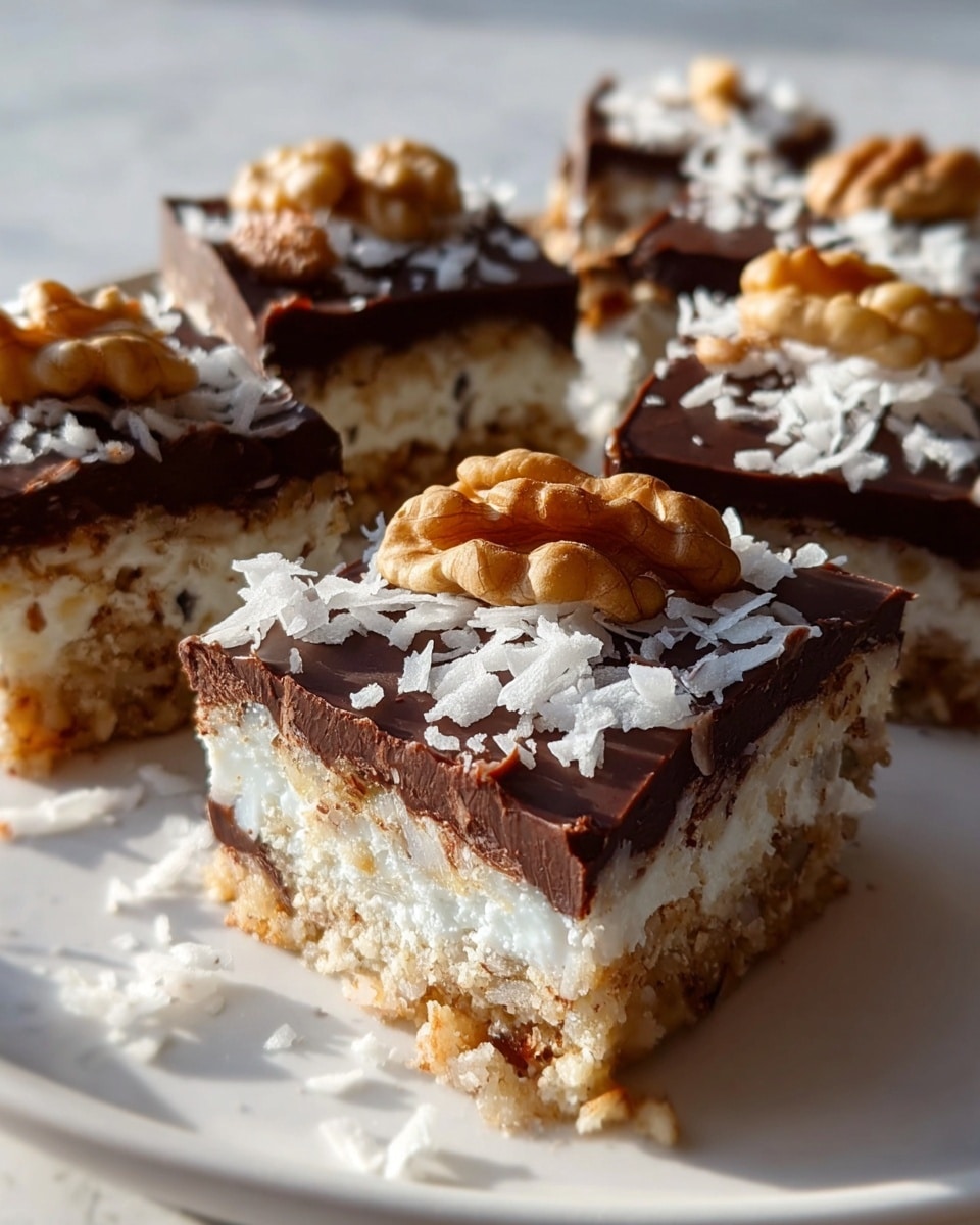 The image shows several square dessert bars on a white plate, each with three visible layers. The bottom layer is light brown with a crumbly texture mixed with some nuts. The thick middle layer is white and looks soft and filled with small bits, likely coconut. The top layer is a dark, smooth chocolate glaze. On top of the chocolate layer, there are crushed white coconut flakes scattered and large walnut pieces placed as decoration. The dessert bars are arranged close together on a white marbled surface in soft natural light. Photo taken with an iphone --ar 4:5 --v 7