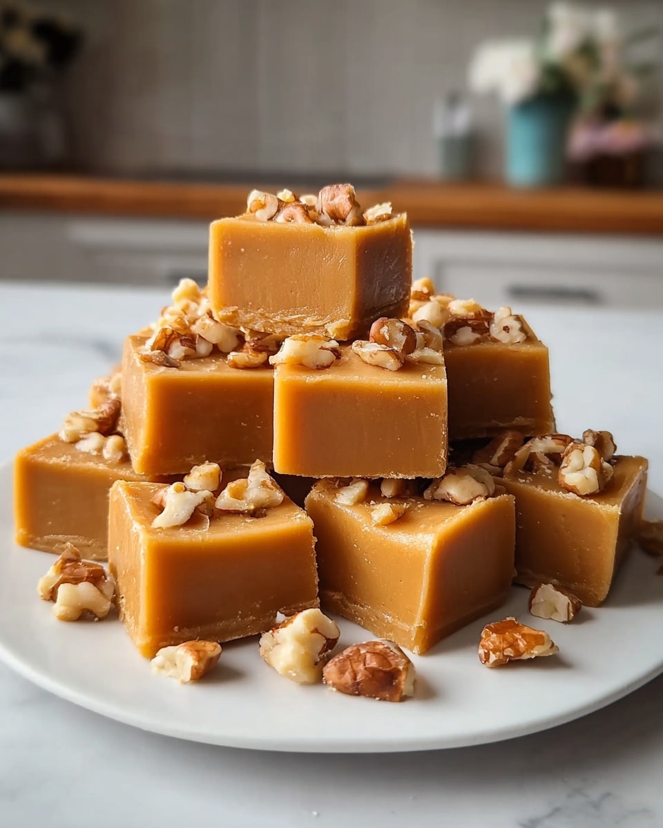 A white plate holds a stack of nine square pieces of smooth caramel fudge arranged in two layers, with five pieces at the bottom and four on top. Each fudge square has a rich golden-brown color and a dense, creamy texture. Small pieces of chopped walnuts with light and dark brown color are scattered generously on the top surface of each fudge piece. The plate is set on a white marbled textured surface, and the background shows a softly blurred kitchen scene. photo taken with an iphone --ar 4:5 --v 7