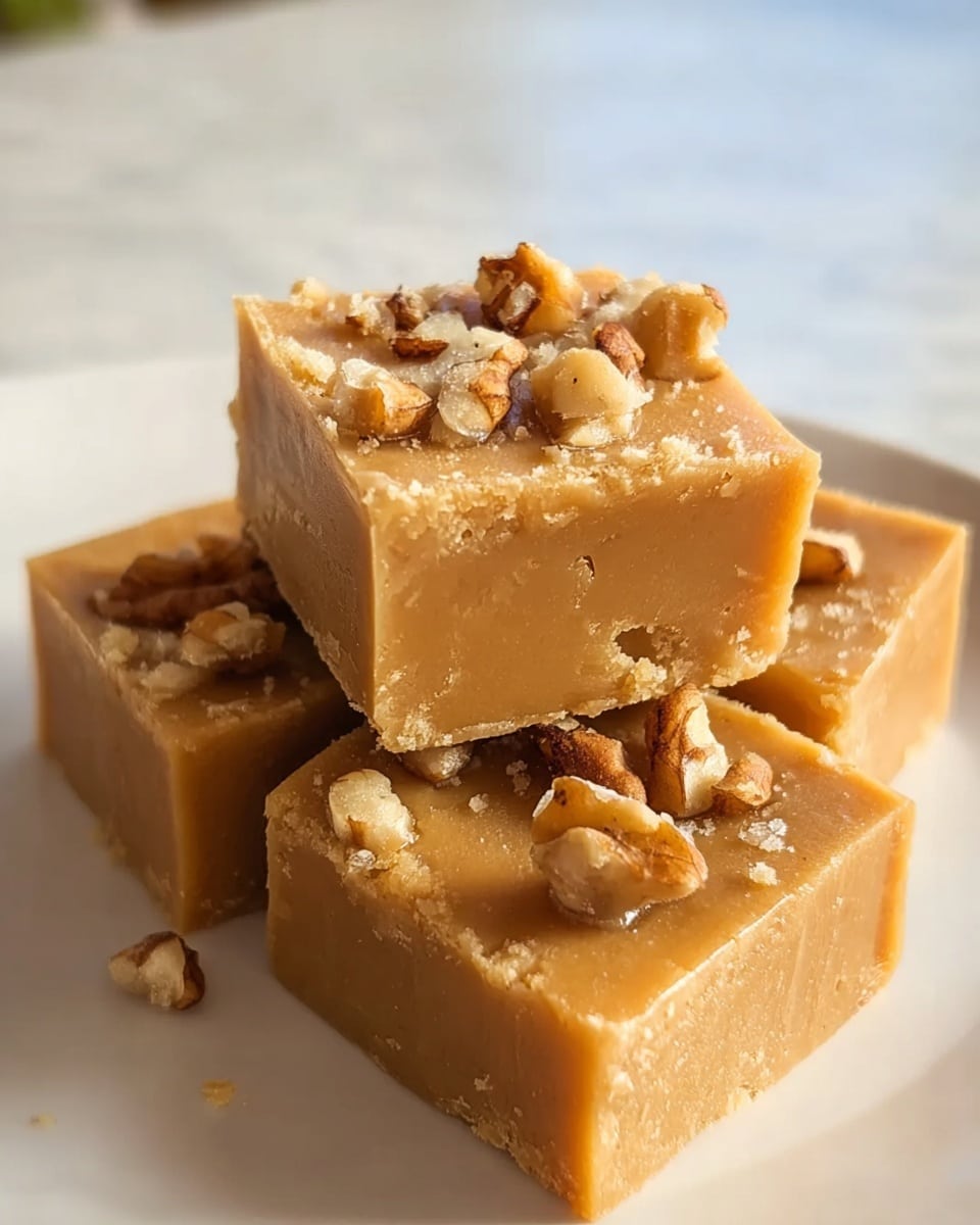 The image shows three square pieces of light brown fudge stacked on a white plate with a white marbled texture background. Each piece of fudge has a smooth texture with small crumbs on the sides and top. The top of each fudge square is sprinkled with pieces of walnut, which add a rough texture and darker brown color contrast against the smooth fudge. The fudge pieces create three visible layers where the top piece sits on two pieces side by side below it. photo taken with an iphone --ar 4:5 --v 7