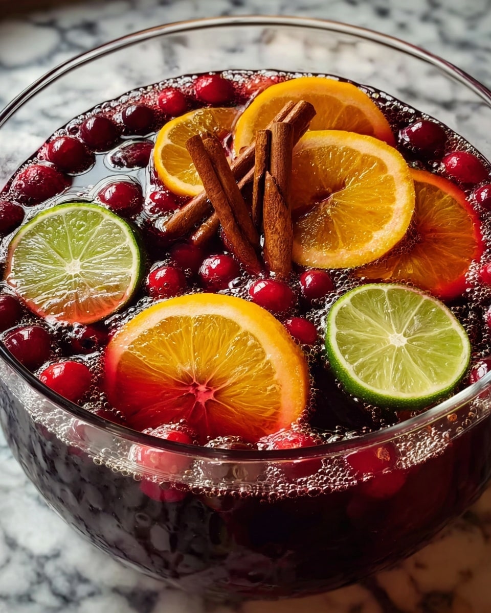 A clear glass bowl filled with dark red liquid, likely a punch, with bubbles on the surface. Floating on top are several colorful layers: slices of bright orange and light green lime, deep red cranberries, and three cinnamon sticks which are brown and textured. The fruit slices have juicy, translucent textures, with the oranges showing visible segments and the limes showing their inner patterns. The bowl sits on a white marbled texture surface. Photo taken with an iphone --ar 4:5 --v 7