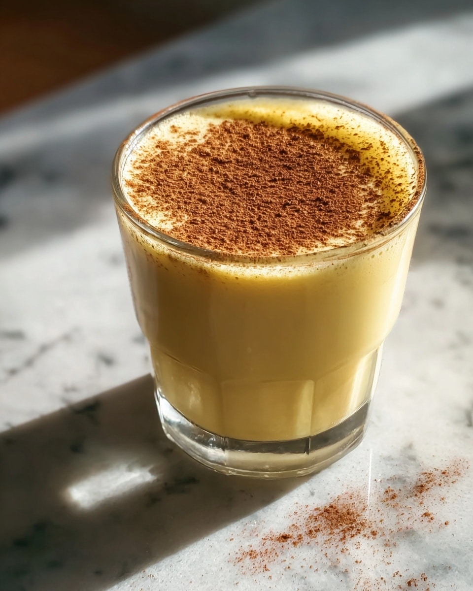 A clear glass filled with a smooth, creamy yellow drink, topped with a generous layer of finely sprinkled brown cinnamon powder. The drink has a frothy texture just below the cinnamon layer, and the glass catches sunlight, creating soft reflections and shadows. The glass is placed on a white marbled surface that adds light contrast to the warm colors of the drink. photo taken with an iphone --ar 4:5 --v 7