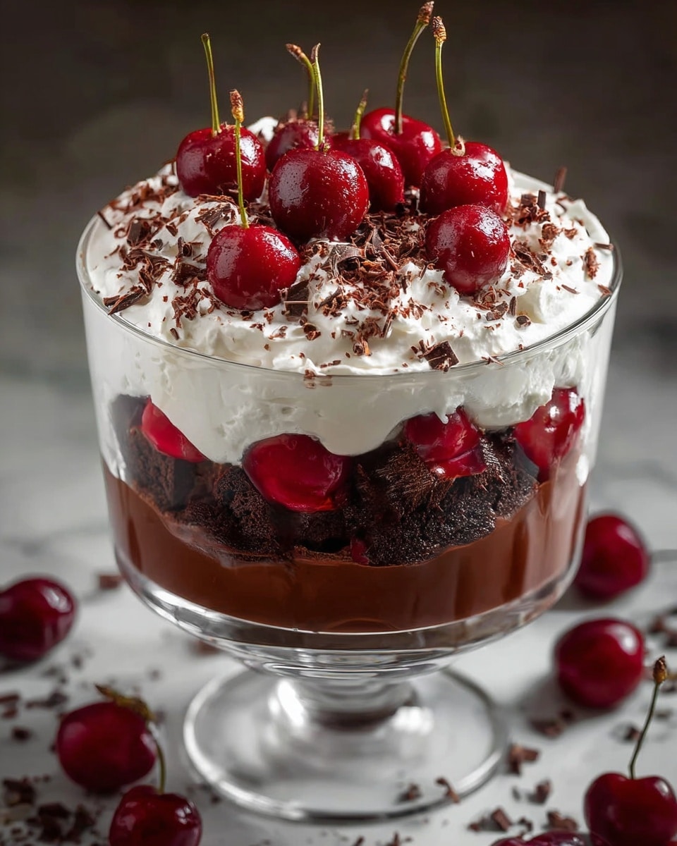 The dessert has five visible layers in a clear glass bowl with a short stem. The bottom layer is dark brown chocolate cake pieces, followed by a thick layer of smooth dark chocolate pudding. Above that is a creamy white layer, then another layer of dark chocolate cake mixed with bright red cherries. The top layer is fluffy white whipped cream, decorated with several whole dark red cherries with stems and sprinkled with chocolate shavings. The bowl sits on a white marbled surface, with a few cherries around it. photo taken with an iphone --ar 4:5 --v 7