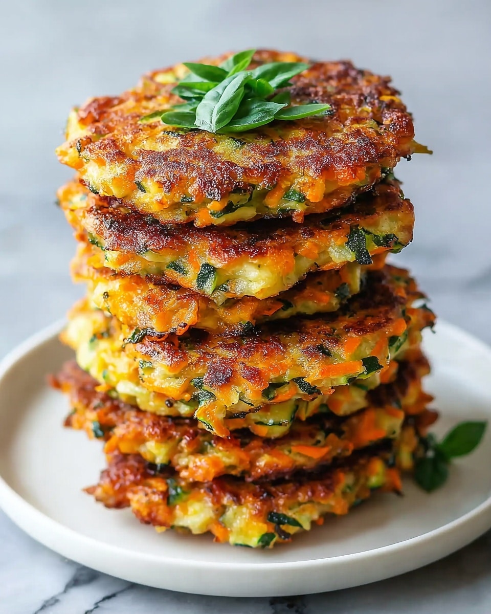 A stack of five golden-brown vegetable fritters with visible pieces of green zucchini and orange carrot throughout each round, crispy on the edges and soft inside. The fritters are placed one on top of the other on a plain white plate, set against a white marbled surface. A small bunch of fresh green basil leaves sits on top of the stack, adding a touch of bright color. The lighting highlights the texture and colors of the fritters clearly. photo taken with an iphone --ar 4:5 --v 7