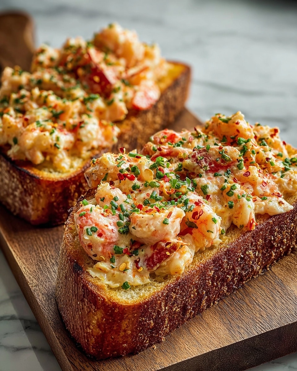 Two pieces of thick, golden-brown toasted bread lay on a wooden board on a white marbled surface. Each bread slice is topped with a creamy mixture of small pink shrimp, orange-red lobster chunks, and a rich cheese sauce with a slightly bubbly texture. The mixture is sprinkled generously with finely chopped green herbs and red pepper flakes, adding spots of green and red color. The bread’s crust looks crunchy and dark golden, while the inside is soft and airy. photo taken with an iphone --ar 4:5 --v 7