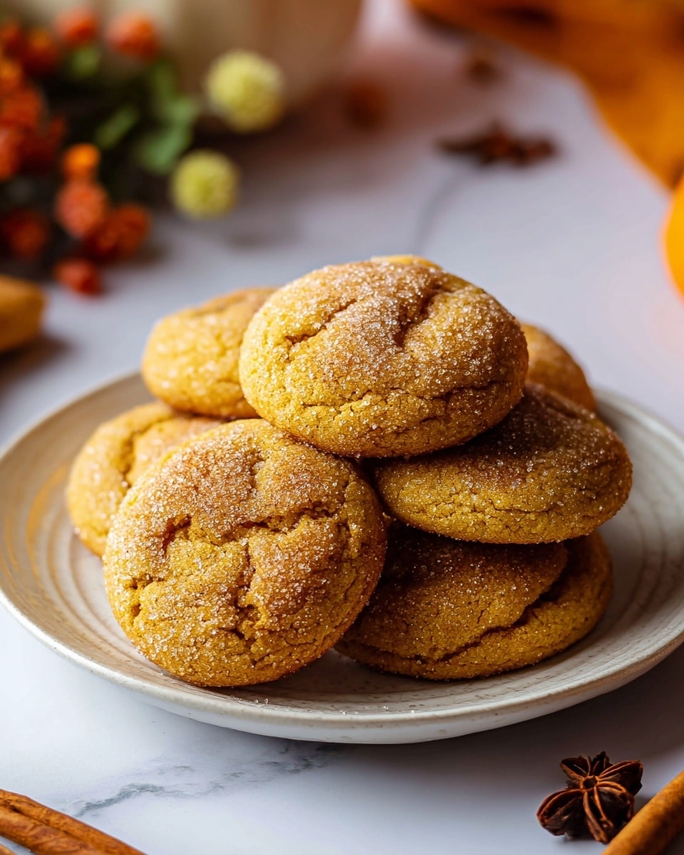 A rustic wooden tray holds a stack of soft, round cookies with a golden brown color, each cookie covered in a light dusting of granulated sugar that sparkles mildly. The cookies have a slightly cracked surface texture, showing they are moist inside with crispy edges. The cookies overlap naturally, some partially covering others, creating a casual but inviting pile. In the blurred background, there is a white pumpkin and some green leaves, adding a cozy fall feeling. The scene is set on a white marbled texture with star anise and cinnamon sticks placed nearby, enhancing the warm, spiced atmosphere. photo taken with an iphone --ar 4:5 --v 7
