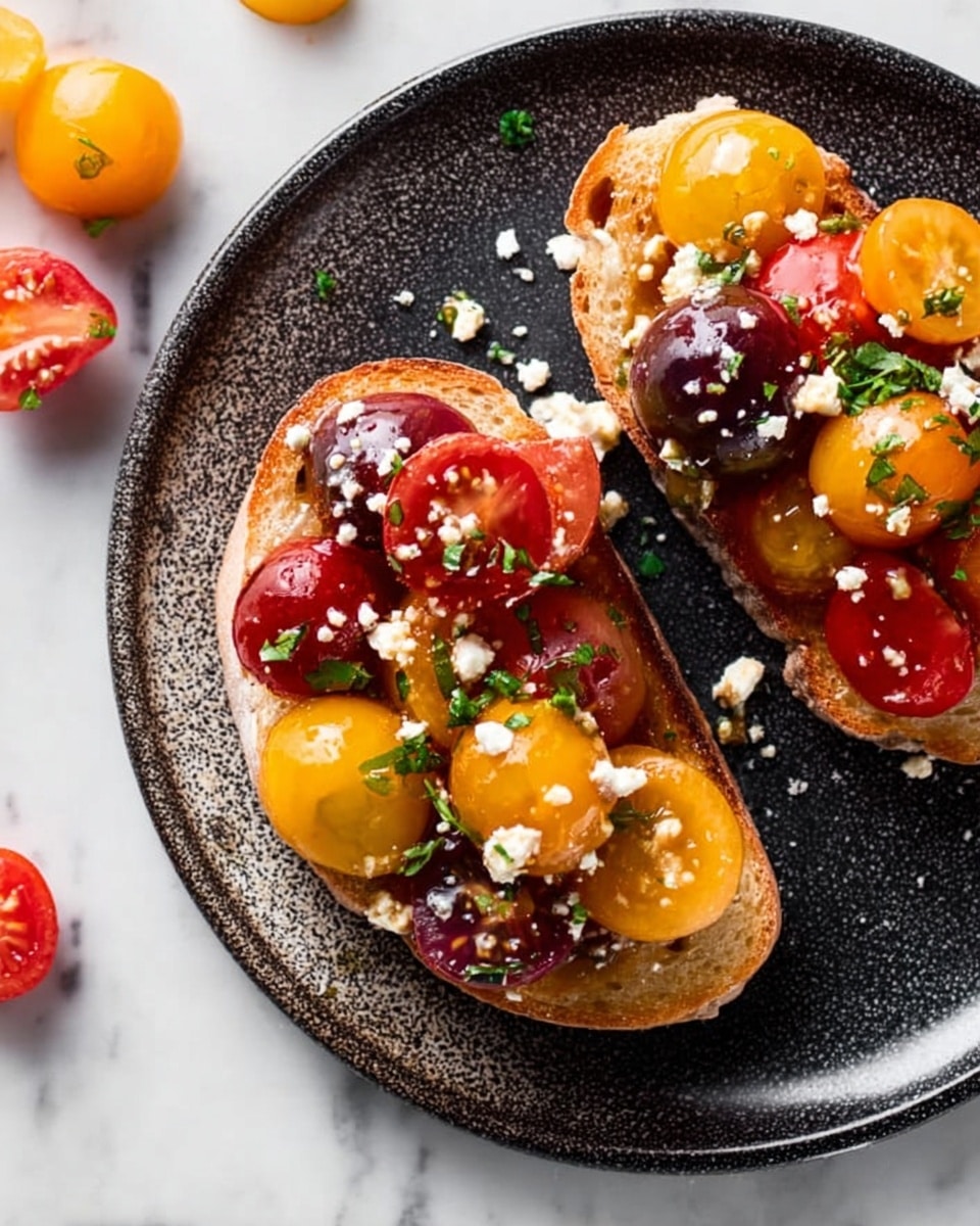 The image shows two pieces of toasted bread on a white plate with a dark speckled texture. Each slice is topped with a bright mix of halved cherry tomatoes in red, yellow, and dark purple colors, all glistening as if lightly coated in oil. Small green herbs are scattered on the tomatoes, adding contrast. Tiny white crumbles are sprinkled on top, giving a slight texture difference. The plate sits on a white marbled surface with some extra tomato halves casually placed around for decoration. photo taken with an iphone --ar 4:5 --v 7
