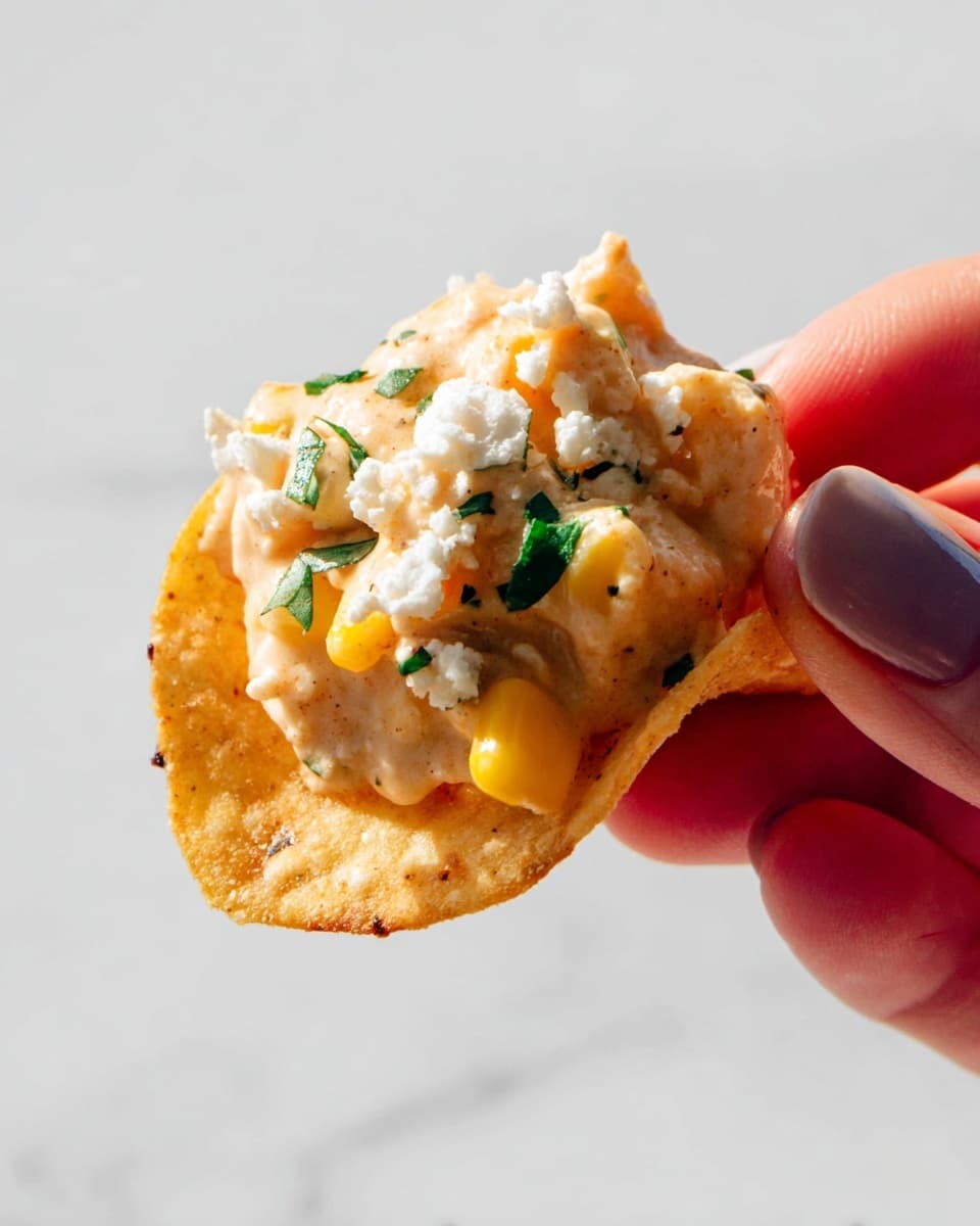 A close-up view of a single crispy chip being held delicately between a woman's fingers, topped with a creamy, light orange sauce mixed with visible small chunks of yellow corn and herbs. There are white crumbles scattered on top, along with small pieces of green leaves giving a fresh touch. The chip itself is golden brown with a slightly rough texture, and the background is a smooth white marbled surface. photo taken with an iphone --ar 4:5 --v 7