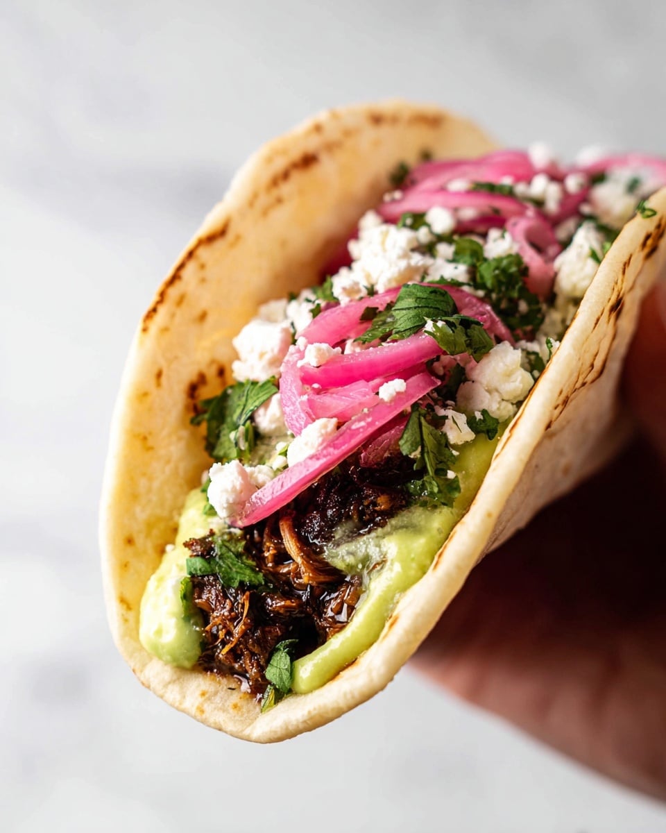 A soft white tortilla is folded and held by a woman's hand, showing three visible layers inside: the bottom layer is dark brown cooked meat with a slightly crispy texture, topped with a smooth light green creamy sauce in the middle, and finished with sliced pink pickled onions and white crumbly cheese scattered on top, along with small pieces of fresh green herbs. The background has a white marbled texture, and the lighting highlights the fresh and vibrant colors of the taco ingredients. photo taken with an iphone --ar 4:5 --v 7