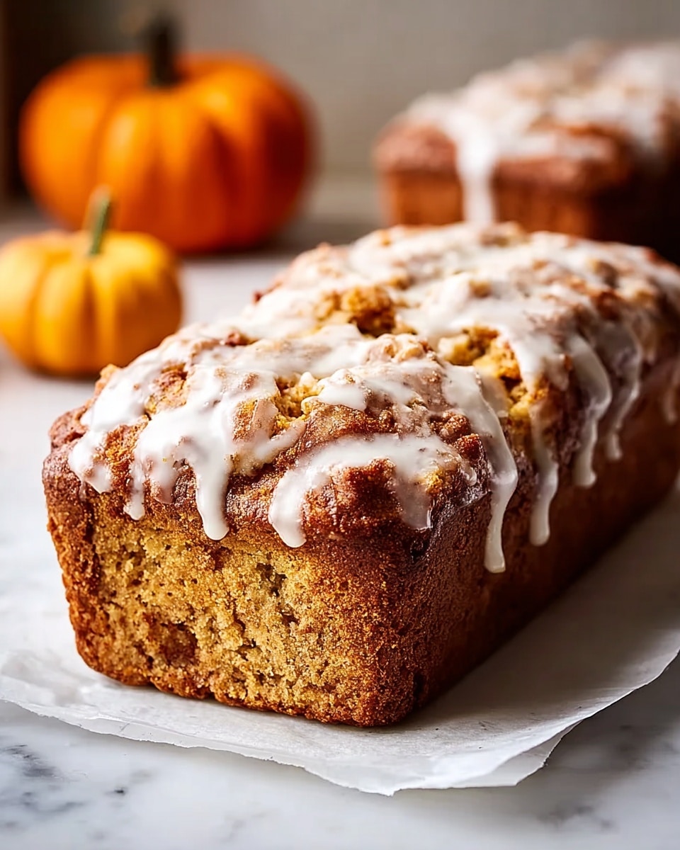 A loaf of bread with a golden brown crust sits on white parchment paper on a white marbled surface. The bread has a rough, chunky top layer covered with a white glaze that drips down the sides. The main loaf has a warm, light brown color with some darker spots and a textured crumb base. In the blurred background, small pumpkins add an autumn feel to the scene. photo taken with an iphone --ar 4:5 --v 7