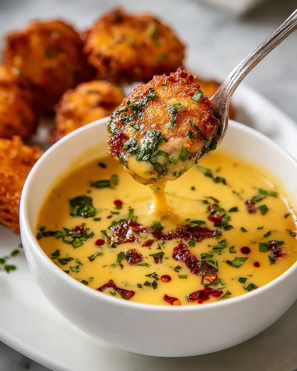 A white bowl filled with smooth, creamy yellow soup that has green herbs and red chili flakes sprinkled on top. A silver spoon is lifting a round, crispy, golden-brown fritter covered with some chopped green herbs and bits of red chili from the soup, showing some soup dripping down. In the blurry background, more fritters sit on a white plate, all placed on a white marbled surface. photo taken with an iphone --ar 4:5 --v 7