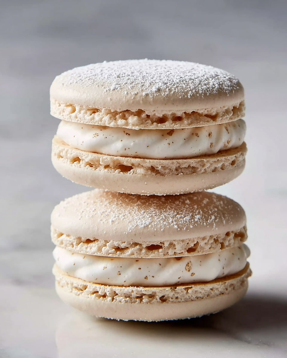 Two stacked light beige macarons are shown on a white marbled surface. Each macaron has three layers: a smooth, round top and bottom shell with a slightly rough, ruffled edge, and a thick, creamy white filling in the middle, speckled lightly with tiny spots. The top shell of the upper macaron is dusted with a light layer of powdered sugar, adding a delicate texture to the smooth surface. Photo taken with an iphone --ar 4:5 --v 7