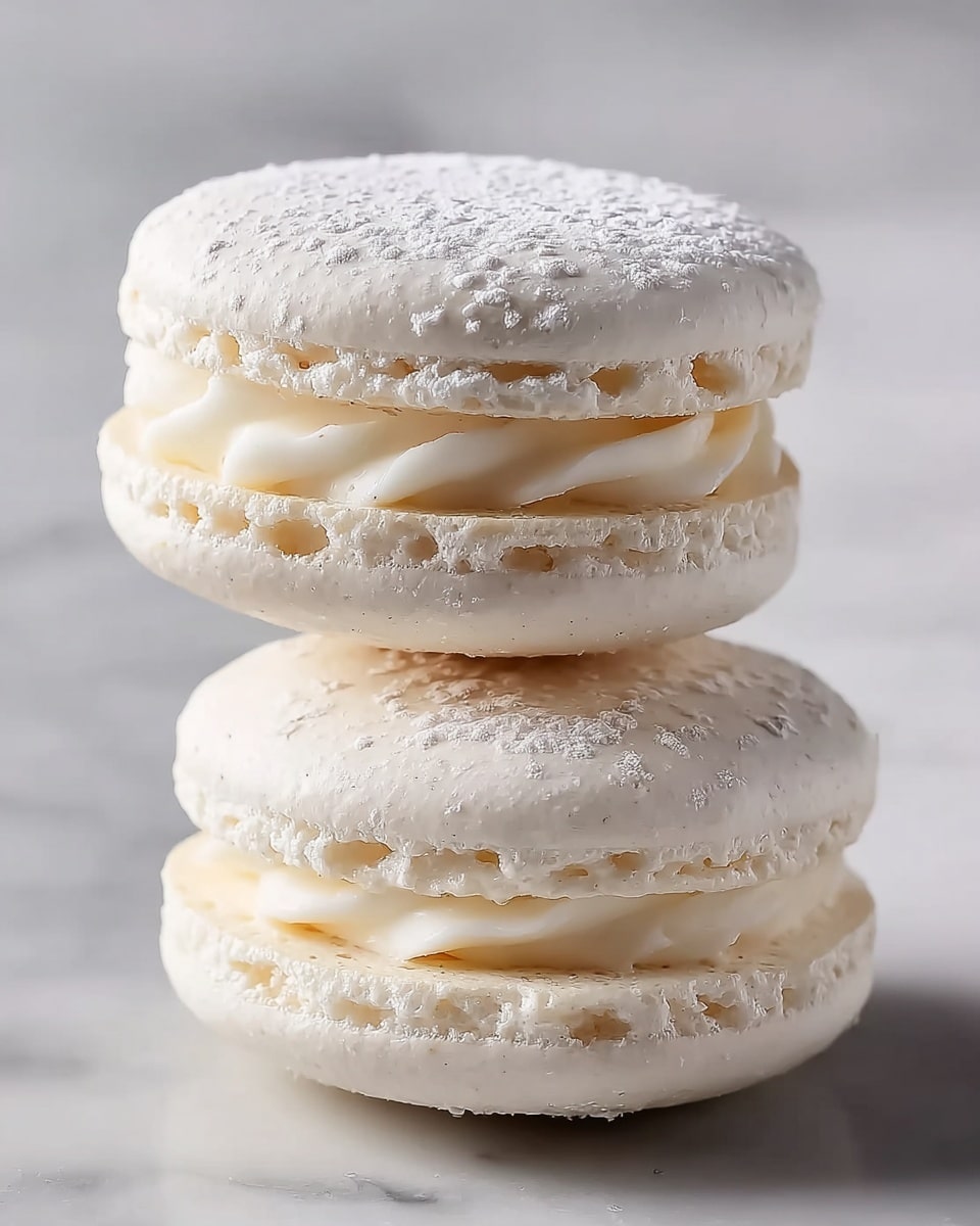 Two white macarons are stacked on a white marbled surface. Each macaron has two smooth, round shells with a fine dusting of powdered sugar on top. Between the shells, there is one visible middle layer of creamy white filling with a slightly glossy texture, sandwiched evenly. The texture of the shells is slightly rough with small air pockets near the edges. The bottom macaron lies flat, while the top one is tilted and balanced at an angle. photo taken with an iphone --ar 4:5 --v 7