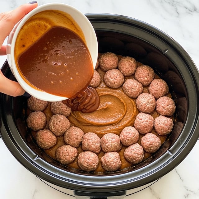 A black slow cooker filled with two layers: the bottom layer is a smooth, glossy, dark brown sauce, and the top layer has evenly spaced raw meatballs arranged in a circle. A woman's hand is pouring more of the thick sauce from a white bowl onto the center of the meatballs, adding a shiny, flowing texture to the sauce layer beneath them. The slow cooker rests on a white marbled surface. photo taken with an iphone --ar 4:5 --v 7