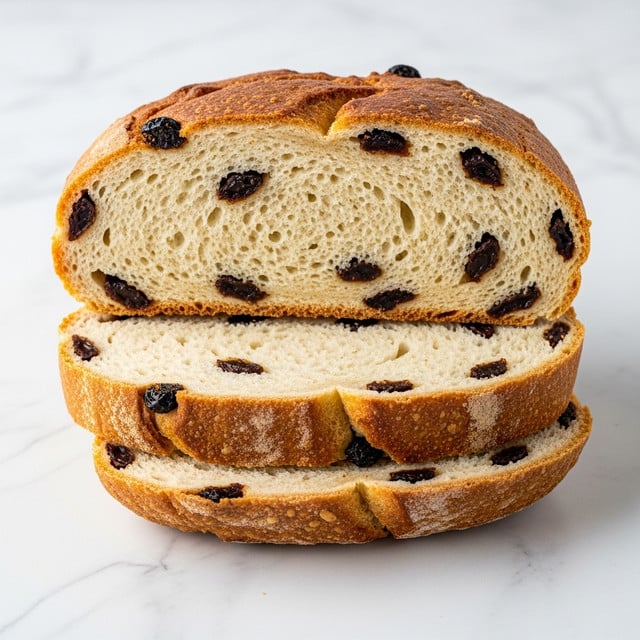 The image shows a warm loaf of raisin bread cut to reveal its soft inside filled with raisins scattered evenly throughout. The top crust is golden brown with a slight rough texture and a few raisins pressed into it. The slice in front is thick, showing the same light, fluffy texture and raisins inside. Steam rises gently from the freshly sliced bread, all placed on a wooden surface with a brown background changed to a white marbled texture. photo taken with an iphone --ar 4:5 --v 7