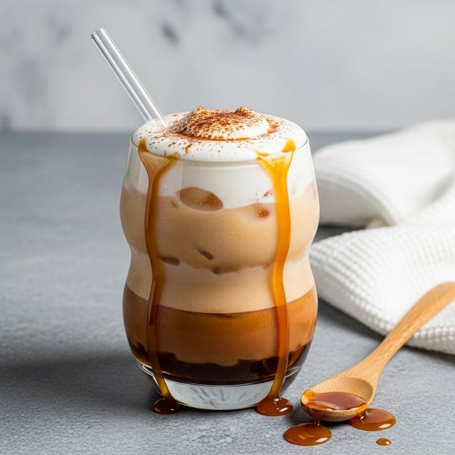 A close-up of a tall clear glass with three thick wavy layers filled with light brown creamy caramel drink, topped with a thick white foam dusted lightly with cinnamon or cocoa powder, a glass straw placed inside, and rich caramel sauce dripping down one side of the glass. The glass sits on a light gray surface with a small wooden spoon next to it, holding some spilled caramel sauce. In the background, a white cloth with a soft texture is loosely placed, all set against a white marbled texture background. photo taken with an iphone --ar 4:5 --v 7