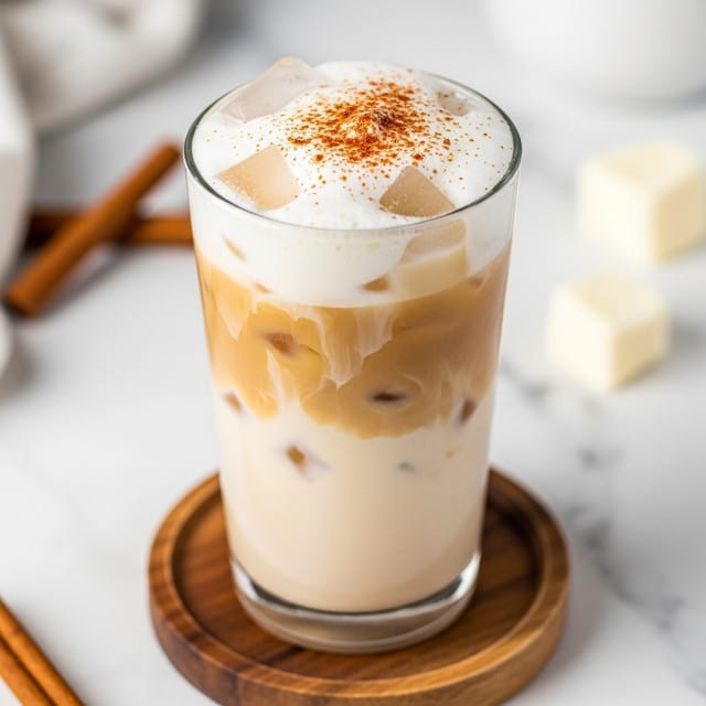 A clear glass filled with three visible layers of a creamy beige iced drink: the bottom layer is a light creamy liquid, the middle layer shows a slightly darker beige with ice cubes inside, and the top layer is a thick, frothy foam sprinkled with fine cinnamon powder. The glass is placed on a round wooden tray with cinnamon sticks and a small piece of butter beside it, all set on a white marbled surface. In the background, there is a blurred jar of brown spices and more cinnamon sticks. photo taken with an iphone --ar 4:5 --v 7
