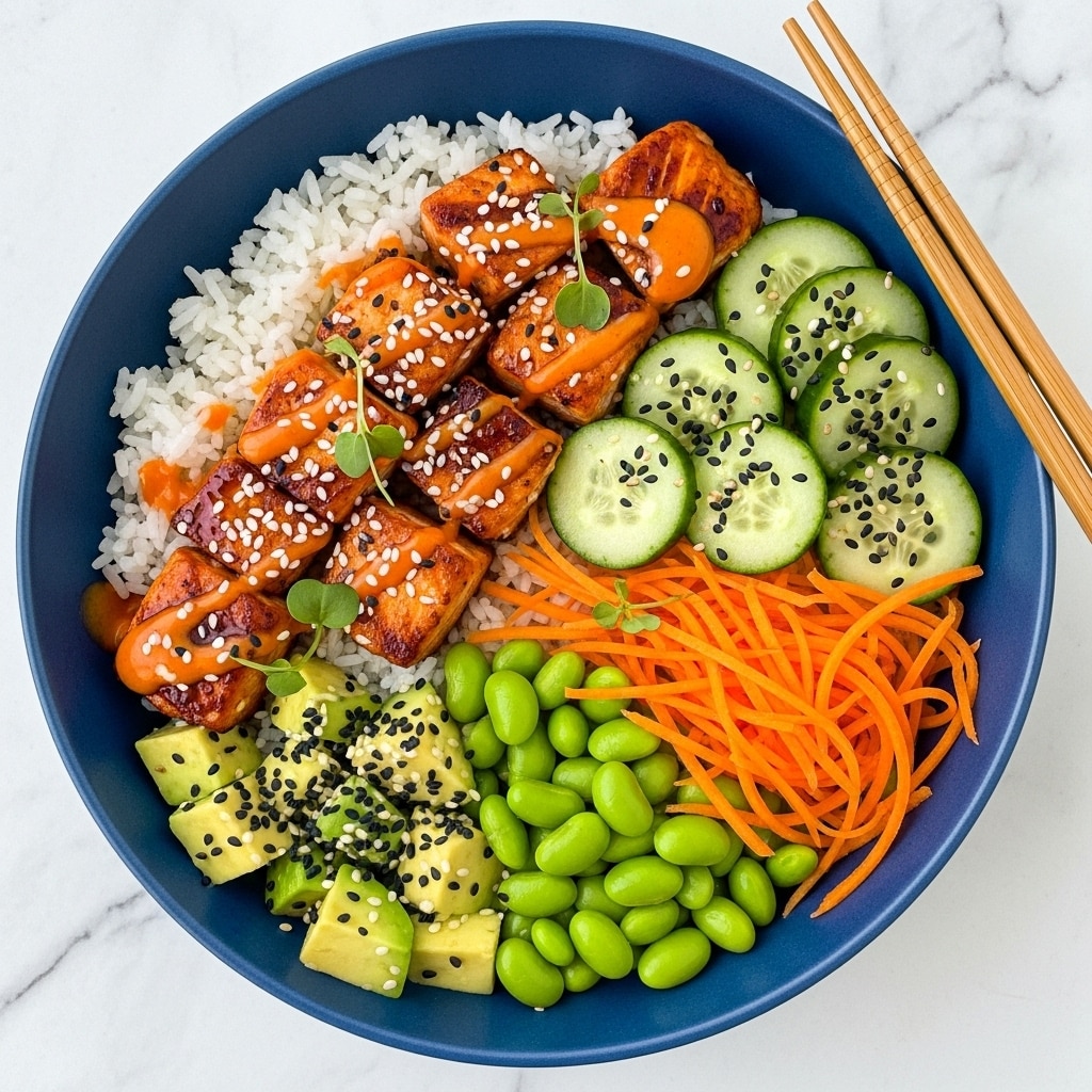 A blue bowl filled with a layer of white rice covering half the bowl, topped on one section with seven grilled salmon chunks that have a shiny orange glaze, sprinkled with white sesame seeds and a drizzle of bright orange sauce, garnished with small green herb pieces. To the right of the salmon, there is a neat layer of six cucumber slices sprinkled with black sesame seeds. Below the salmon, there is a section of small green edamame beans, next to it a pile of shredded bright orange carrots, and to the lower left are small cubes of avocado sprinkled with black sesame seeds. The bowl sits on a white marbled surface with a pair of wooden chopsticks resting near the edge. Photo taken with an iphone --ar 4:5 --v 7