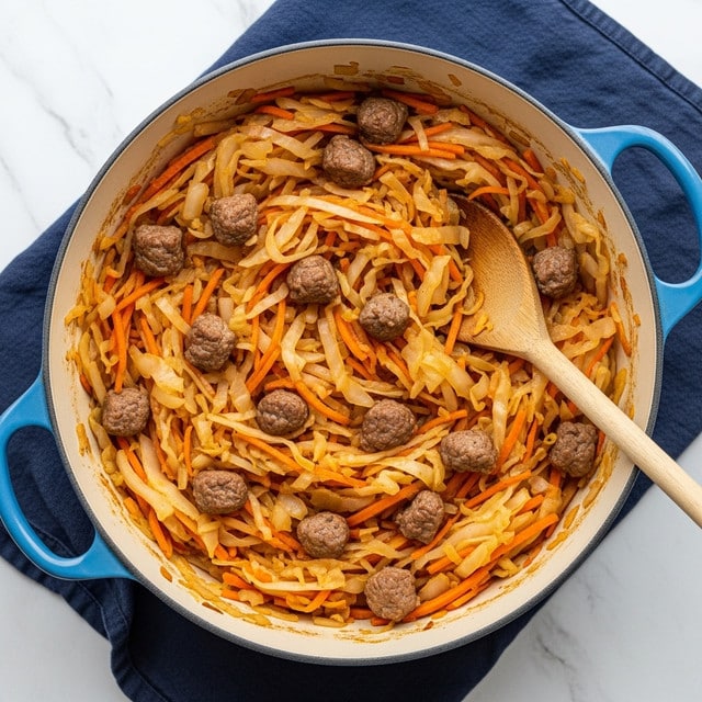 A top view of a blue pot filled with a cooked mix of layered shredded light orange cabbage, thin orange carrot strips, and brown meat chunks evenly spread throughout. The pot rests on a dark blue cloth over a white marbled surface. A wooden spoon is placed inside the pot on the right side, partially covered by the cabbage mixture. The edges of the pot show slight browning from cooking. photo taken with an iphone --ar 4:5 --v 7