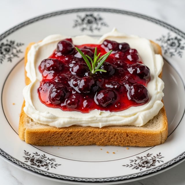 A close-up of a slice of light brown bread as the base layer, topped with a thick, creamy white spread that looks soft and smooth, covering the entire bread surface. On top of the cream layer, there is a generous amount of shiny, dark red berry jam with visible chunks of berries. A small green rosemary sprig sits in the center on the jam for decoration. The dish is served on a white plate with a classic dark floral pattern along the edge, all placed on a white marbled textured surface. Photo taken with an iphone --ar 4:5 --v 7