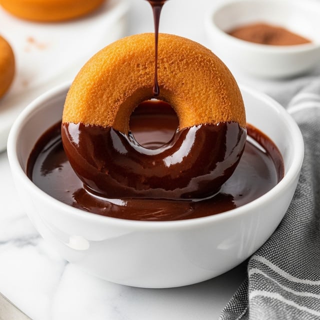 A close-up view shows a brown donut being dipped into a white bowl filled with thick, shiny dark chocolate sauce. The donut is coated halfway in the sauce, which drips smoothly down its edges, giving a glossy texture. The donut's outer surface is light brown and darker where covered by the sauce. The bowl sits on a white marbled surface with a grey and white striped cloth nearby, and there is a small white bowl with brown powder blurred in the background. photo taken with an iphone --ar 4:5 --v 7