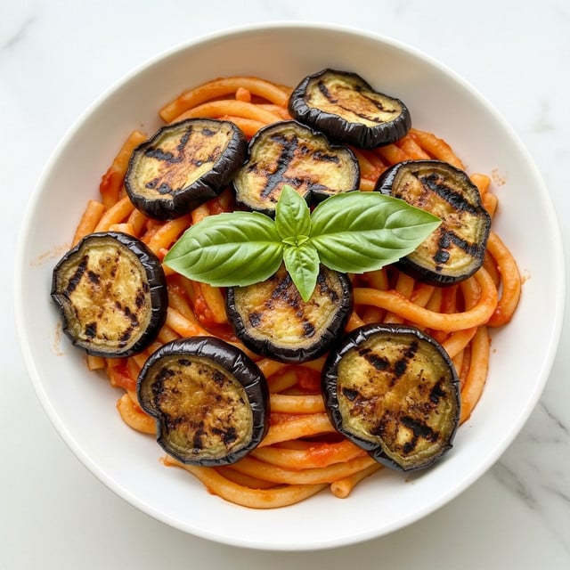 This dish shows a white bowl filled with short, thick pasta coated in a rich red tomato sauce. Scattered among the pasta are several pieces of grilled eggplant, showing a dark, slightly charred outer skin with a soft, golden inside. On top, two bright green fresh basil leaves add a touch of color contrast. The pasta and eggplant have a shiny, saucy texture. The bowl sits on a white marbled surface. photo taken with an iphone --ar 4:5 --v 7