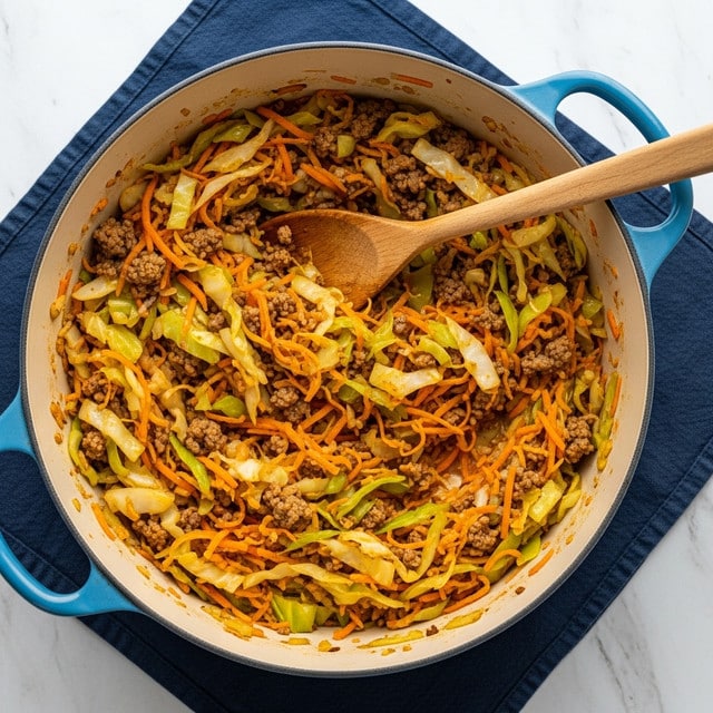 A large blue pot filled with a cooked mixture of chopped light green cabbage, orange shredded carrots, and small brown ground meat pieces all mixed together with a soft cooked texture. A wooden spoon is resting inside the pot, partly covered by the food. The pot sits on a dark blue cloth, all placed on a white marbled surface. photo taken with an iphone --ar 4:5 --v 7