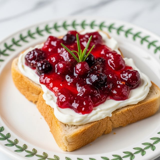 A close-up view of a slice of bread topped with a thick layer of creamy white spread, covered by a generous amount of glossy, chunky red fruit jam with visible berry pieces; a small green rosemary sprig is placed on top as a garnish. The slice sits on a white plate with a decorative green leafy pattern along the edges, on a white marbled surface softly blurred in the background. photo taken with an iphone --ar 4:5 --v 7