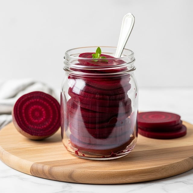 A clear glass jar filled with dark red, sliced pickled beets, each slice showing a bright red circular pattern with a slightly translucent texture, stacked closely inside the jar. The jar is placed on a rough, wooden surface with whole beets in the blurred background and a spoon in the foreground holding a few shiny, deep red beet pieces, showing a wet texture. The lighting highlights the vibrant red colors and the smooth glass reflecting light. Photo taken with an iphone --ar 4:5 --v 7
