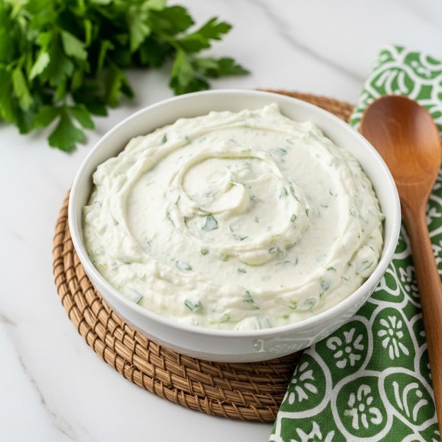 A small white bowl filled with a creamy, light beige sauce with visible small green and white bits mixed throughout, giving it a slightly chunky texture. The bowl sits on a woven brown mat with a green and white patterned cloth underneath. A wooden spoon is placed beside the bowl on the cloth, and fresh green leafy herbs are visible blurred in the background against a white marbled texture. Photo taken with an iphone --ar 4:5 --v 7