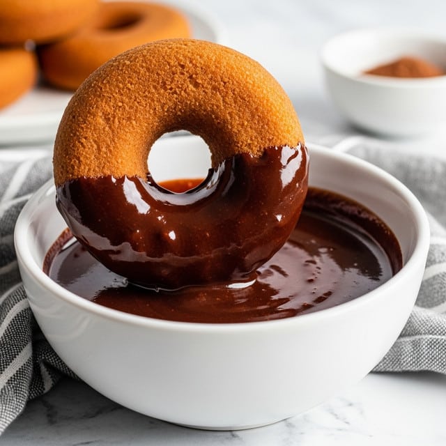 A golden brown donut with a smooth, dark chocolate glaze being dipped into a white bowl filled with shiny, thick chocolate sauce. The donut is half-covered in the glossy chocolate, which drips slowly back into the bowl. The bowl sits on a white marbled surface next to a striped cloth and a small wooden bowl with cocoa powder, creating a warm and inviting dessert scene. photo taken with an iphone --ar 4:5 --v 7
