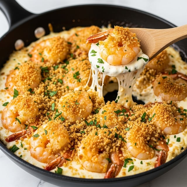 A close-up of a black skillet filled with golden-brown baked shrimp topped with crispy breadcrumbs and finely chopped green herbs. The dish has a creamy, cheesy layer beneath the shrimp, visible by melted cheese strings stretching as a wooden spoon lifts one shrimp from the skillet. The shrimp are plump and lightly browned, sitting on a thick white creamy sauce with a crunchy golden top layer of breadcrumbs and herbs. The skillet is set on a white marbled texture. Photo taken with an iphone --ar 4:5 --v 7