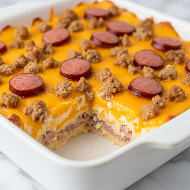 The image shows a close-up of a creamy baked dish in a white rectangular pan, with one portion removed to reveal the layers inside. The bottom layer is a pale, creamy sauce with visible small sausage pieces. Above that, there is a thick layer of melted, golden-yellow cheddar cheese covering the dish. The top layer consists of crumbly, light brown sausage bits scattered evenly across the cheese, with a few whole slices of browned sausage placed on top. The dish sits on a white marbled surface. Photo taken with an iphone --ar 4:5 --v 7