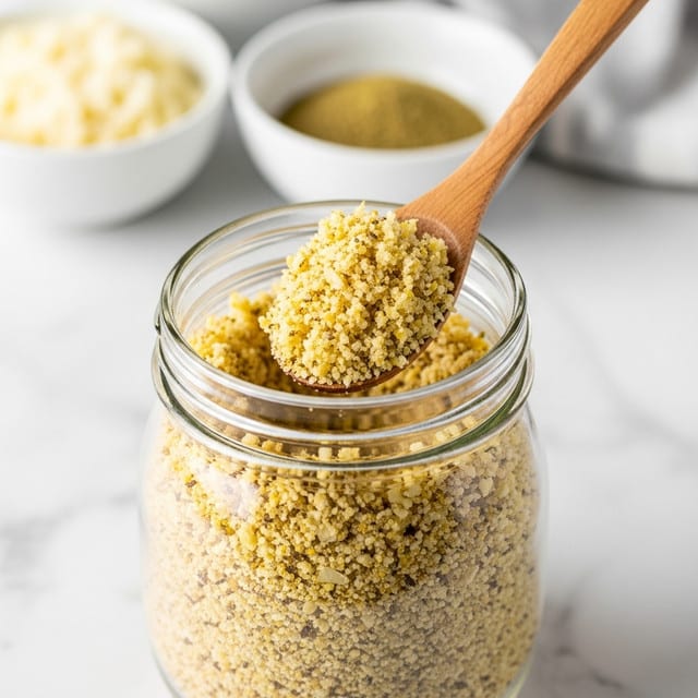 A clear glass jar filled with a finely chopped light yellow and beige mixture that has a grainy and flaky texture, with a wooden spoon scooping some of the mixture inside the jar. Behind the jar, there are two white bowls blurred out, one containing a pale yellow ingredient and the other with a greenish spice. The scene is set on a white marbled surface. photo taken with an iphone --ar 4:5 --v 7