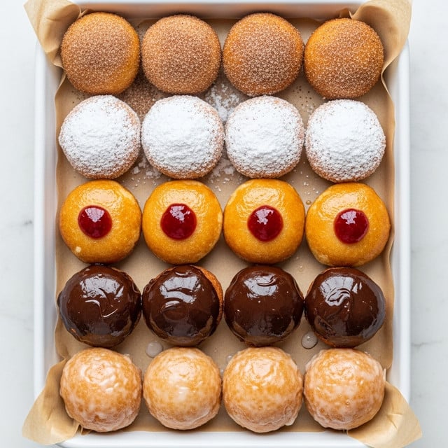 A white rectangular tray lined with light brown parchment paper holds four rows of four small round fritters, each row featuring a different topping or coating. The top row has a golden-brown, crispy texture dusted with cinnamon sugar. The second row shows fritters generously covered with powdered sugar, giving a snowy white look. The third row consists of fritters with a shiny golden crust and a dollop of red jam on top. The fourth row displays fritters dipped in smooth dark chocolate glaze, making them rich and glossy. The last row is filled with fritters coated in a light shiny glaze, showing a slightly uneven texture with some darker spots. The tray is set on a white marbled surface. photo taken with an iphone --ar 4:5 --v 7