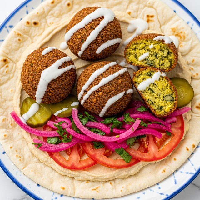 A white flat pita wrap is open, showing four round falafel balls on top, three whole and one cut in half revealing a crumbly green and yellow inside with bits of herbs. The falafel balls are golden brown and have a rough texture, drizzled with white creamy sauce. Below, layers include a creamy beige hummus spread on the flatbread, slices of red tomato, bright pink pickled onions mixed with green herbs, and light green pickle slices peeking out. The wrap is placed on a white plate with blue pattern, and a white marbled surface is underneath. photo taken with an iphone --ar 4:5 --v 7