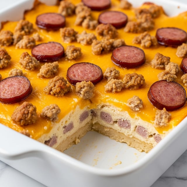 A close-up of a baked pasta casserole in a white speckled baking dish filled with layers starting from creamy white sauce with visible black pepper and sliced browned sausage pieces, topped with melted bright orange cheddar cheese, and scattered with small chunks of golden brown crumb topping. A metal spoon is scooping out some casserole, showing the creamy pasta and sausage inside, all set on a white marbled surface with a blurred cloth in the background. photo taken with an iphone --ar 4:5 --v 7