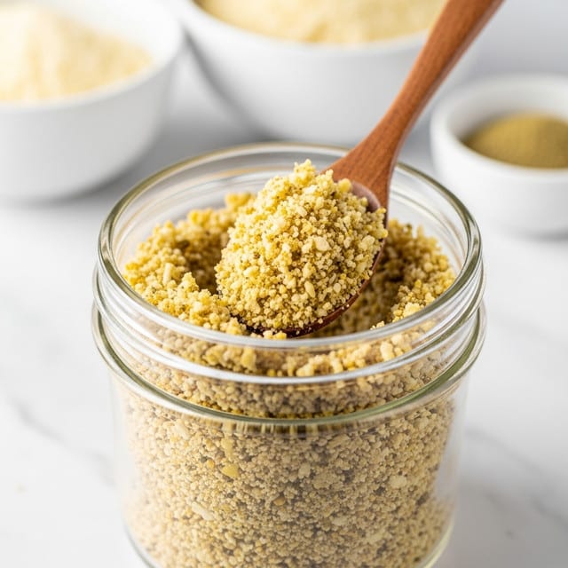 A clear glass jar filled with a textured mixture of small beige and light brown flakes sits on a white marbled surface. A wooden scoop is partially inside the jar, lifting a heap of the coarse, crumbly flakes that show a natural, rough texture. In the blurred background, there are two white bowls, one with a similar light beige grainy ingredient and the other with a greenish powder, adding depth to the image. The light is soft and natural, highlighting the mixture’s varied textures and colors. photo taken with an iphone --ar 4:5 --v 7