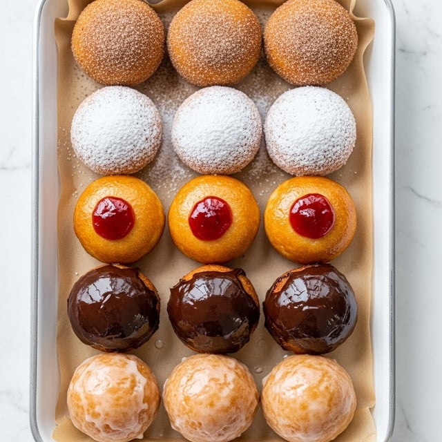 A white rectangular plate lined with light brown parchment paper holds fifteen round fried doughnuts arranged in five rows and three columns. The first row has three doughnuts coated evenly in a grainy cinnamon sugar mix, displaying a rough, textured surface of warm brown shades. The second row shows three doughnuts covered with a thick layer of powdered sugar, giving a soft white snowy look with a slightly uneven texture. The third row presents three golden brown doughnuts with small dollops of red jelly on top, adding a shiny, smooth contrast. Below them, three doughnuts are covered smoothly in dark chocolate glaze with a shiny finish and subtle texture variations. The last row contains three doughnuts with a slight glaze that looks semi-transparent, showing the lighter golden brown dough underneath, and each has a slightly rough surface with a tiny irregular tip. All sit on a shiny white marbled surface. photo taken with an iphone --ar 4:5 --v 7