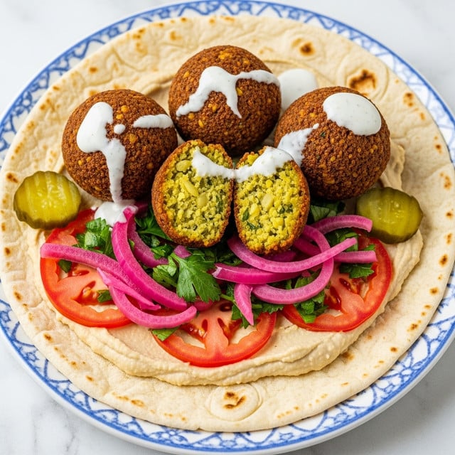 A close-up view of a falafel wrap open at the top, resting on a white plate with blue patterns, placed on a white marbled surface. The wrap has a soft, pale beige flatbread holding four golden-brown falafel balls with a crunchy texture, one cut open to show a green and yellow inside. Below the falafels are layers of creamy white sauce spread on the flatbread, thin red tomato slices, chopped pickles, and vivid pink shredded cabbage mixed with herbs. The falafel balls have drizzles of a light creamy sauce on top. In the background, there are blurred pieces of tomato and green leaves. Photo taken with an iphone --ar 4:5 --v 7