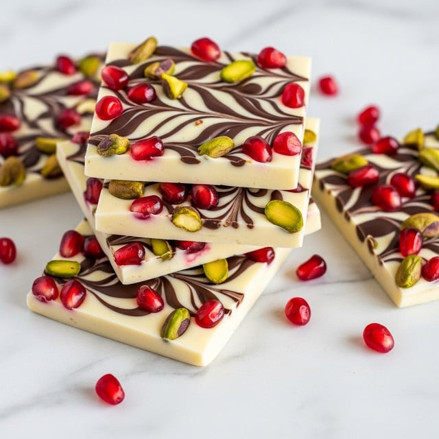 Three rectangular pieces of white chocolate bark with dark chocolate swirls spread unevenly on top make up the layers. Bright red pomegranate seeds and green pistachio nuts are scattered generously on the surface of each piece, adding pops of color and texture. The pieces rest directly on a white marbled surface with some additional pomegranate seeds scattered around them. The overall look is vibrant and festive with the smooth white, dark swirls, and fresh fruit and nuts mixed in. photo taken with an iphone --ar 4:5 --v 7