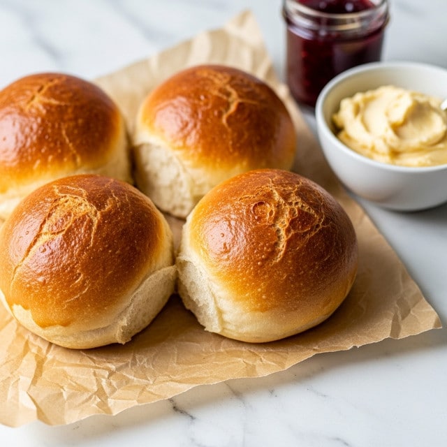 Two rows of three golden brown, shiny bread rolls sit closely joined on a wooden board, each roll showing a smooth, slightly glossy surface with a soft texture. To the left of the board, a small white bowl holds dark red jam with a glossy, thick texture, while a small white bowl to the right contains pale yellow butter that looks smooth and creamy. The setting rests on a white marbled texture surface. Photo taken with an iphone --ar 4:5 --v 7