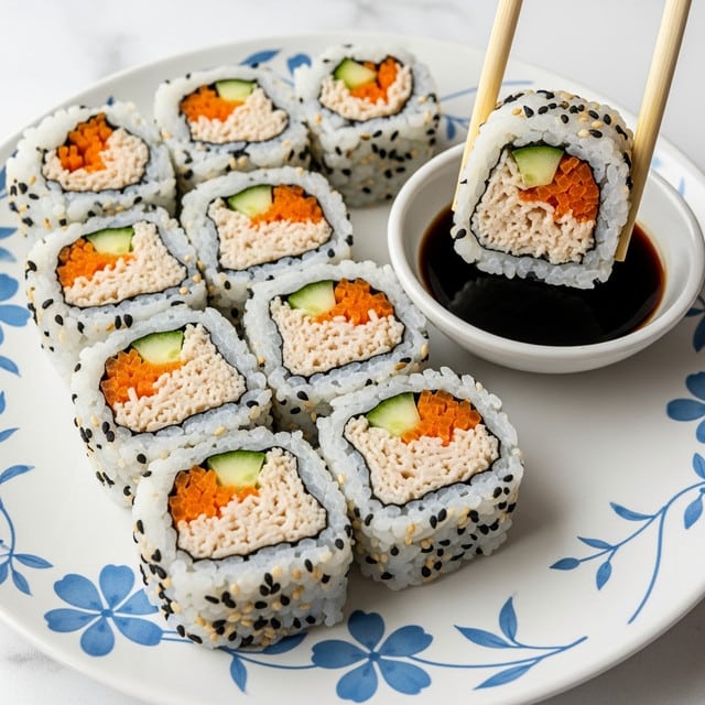 The image shows eight sushi rolls arranged on a white plate with blue floral patterns. Each sushi roll has an outer layer of white rice scattered with black sesame seeds, followed by a thin layer of dark seaweed. Inside, there are layers of cream-colored crab meat mixed with orange streaks and green avocado slices, along with light green cucumber sticks. Two light brown wooden chopsticks hold one sushi piece, pointing towards the right side where a small section of a bowl with dark soy sauce is visible. The plate sits on a white marbled texture background. photo taken with an iphone --ar 4:5 --v 7