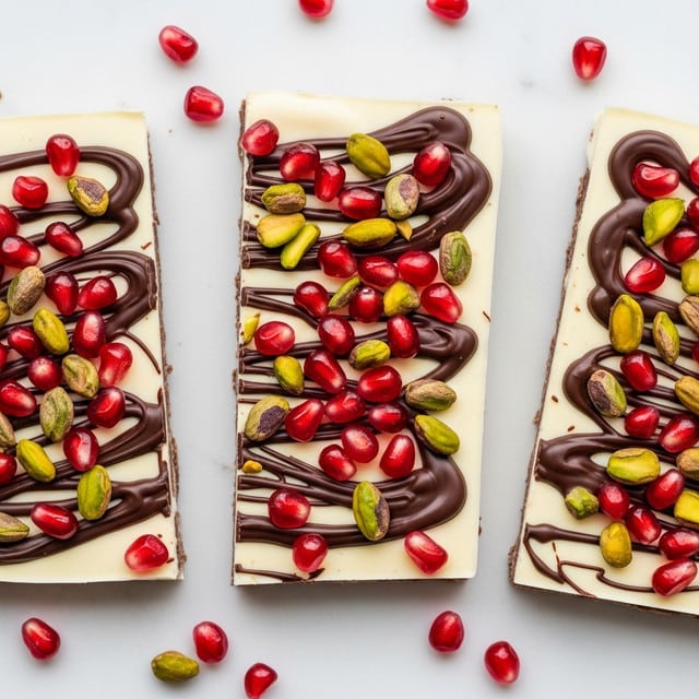 This image shows four pieces of white chocolate bark stacked unevenly on a white marbled surface, each piece topped with bright red pomegranate seeds and uneven chunks of green pistachios. The white bark is decorated with dark chocolate swirls in a swirling pattern throughout each piece, creating an eye-catching contrast with the white base. The texture looks smooth for the chocolate, with the seeds and nuts adding a rough, crunchy feel on top. There are some scattered pomegranate seeds around the bark pieces on the white marbled surface. photo taken with an iphone --ar 4:5 --v 7