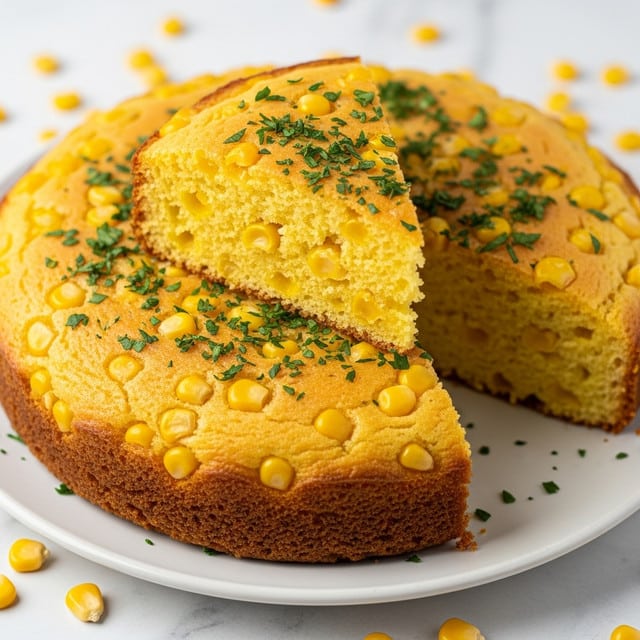 A round, golden-yellow cornbread with a slightly crispy, browned crust sits on a white plate, showing its textured and soft inside. A single triangular slice is cut and placed on the top center, showing the moist and fluffy crumb with visible corn kernels. Small chopped green herbs are sprinkled evenly over the whole cornbread and the slice, adding a fresh color contrast. Bits of corn are scattered around the base of the plate. The background is a white marbled surface. photo taken with an iphone --ar 4:5 --v 7